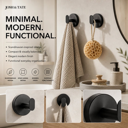 Josh & Tate - TwistMount™ Drill-Free Wall Hook - Bathroom hooks with towel and sponge, featuring Josh & Tate branding and design attributes.