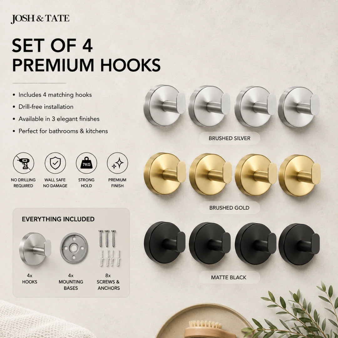 Josh & Tate - TwistMount™ Drill-Free Wall Hook - Set of 4 premium hooks in brushed silver, gold, and matte black finishes by Josh & Tate on a neutral background.