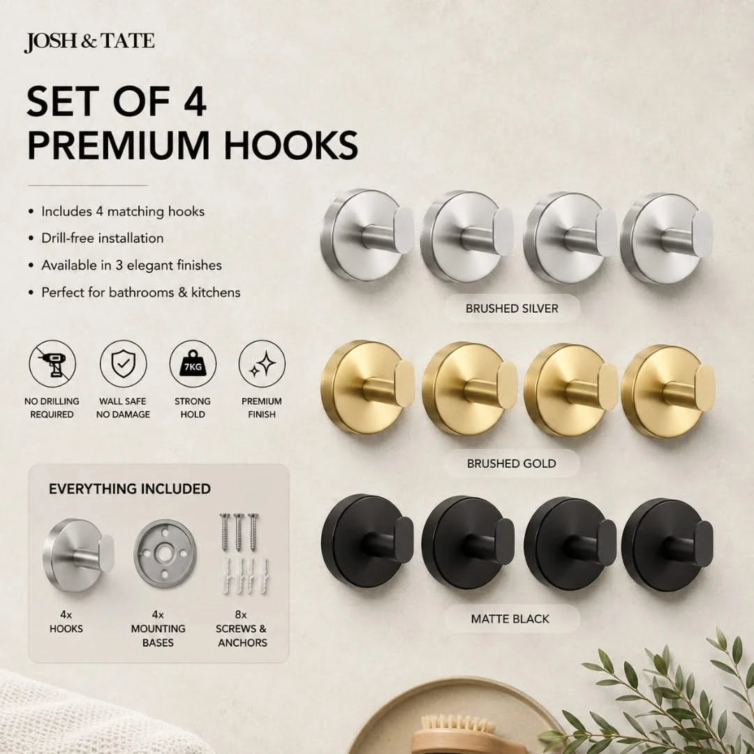 Josh & Tate - TwistMount™ Drill-Free Wall Hook - Set of 4 premium hooks in brushed silver, gold, and matte black finishes by Josh & Tate on a neutral background.