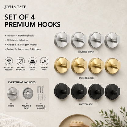 Josh & Tate - TwistMount™ Drill-Free Wall Hook - Set of 4 premium hooks in brushed silver, gold, and matte black finishes by Josh & Tate on a neutral background.