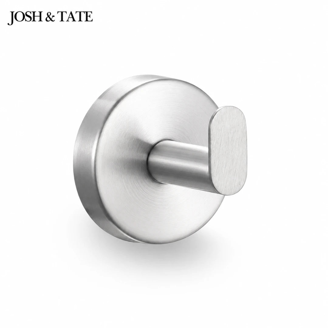 Josh & Tate - TwistMount™ Drill-Free Wall Hook - Metallic door handle on a white background with 'JOSH & TATE' branding.