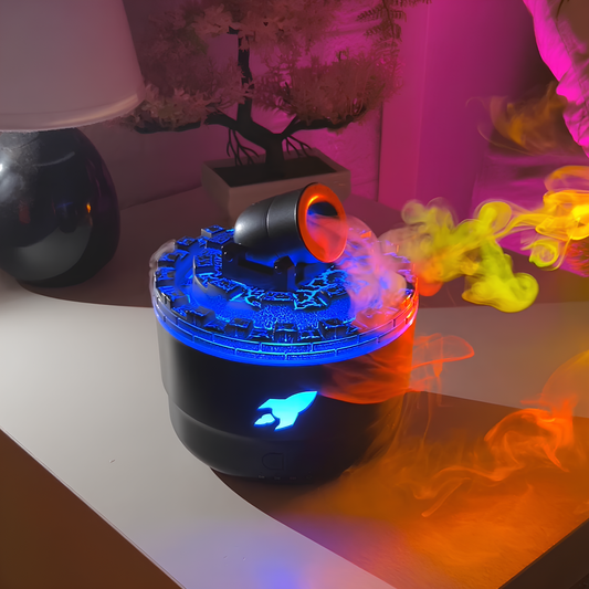 Colorful smoke device on a table with a lamp and plant in the background