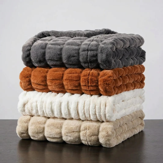 Josh & Tate - VelvetRib™ Faux Fur Throw Blanket - Stack of textured blankets in gray, brown, white, and beige on a dark surface with a light gray background.