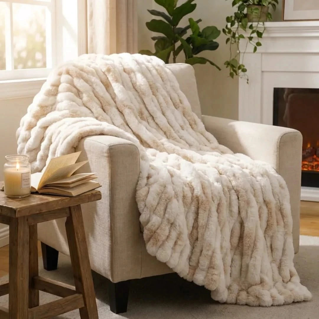 Josh & Tate - VelvetRib™ Faux Fur Throw Blanket - Cozy living room with a beige armchair draped with a fluffy white throw blanket, next to a wooden side table with a candle and book.