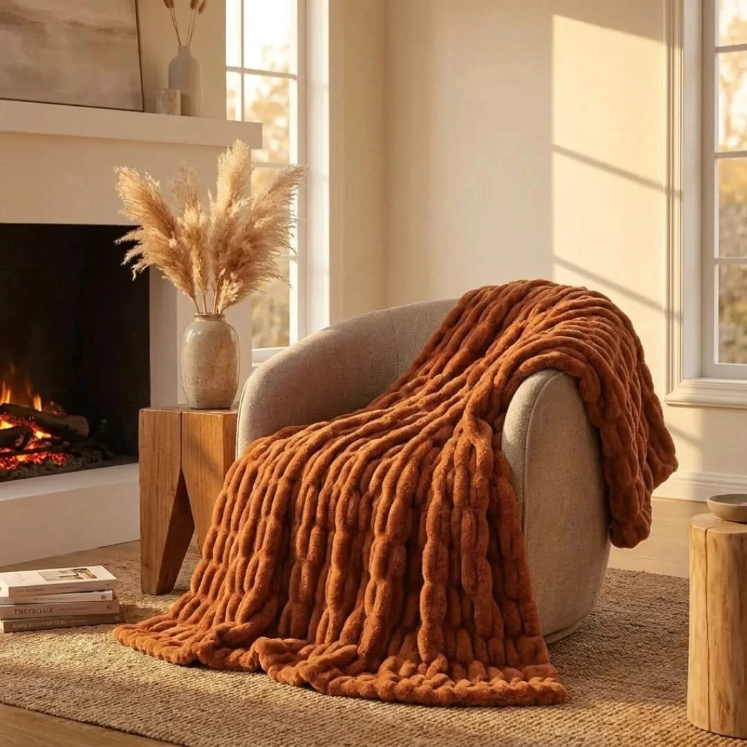 Josh & Tate - VelvetRib™ Faux Fur Throw Blanket - Cozy living room with a fireplace, chair, and orange blanket