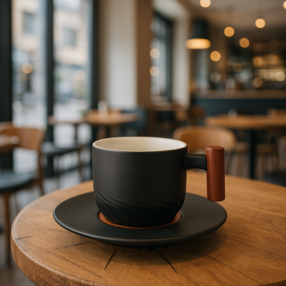 Black mug with wooden handle on a saucer in a blurred cafe setting