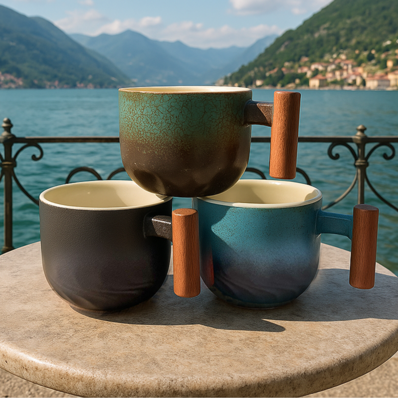 Three ceramic mugs with wooden handles on a table by a scenic lakeside.