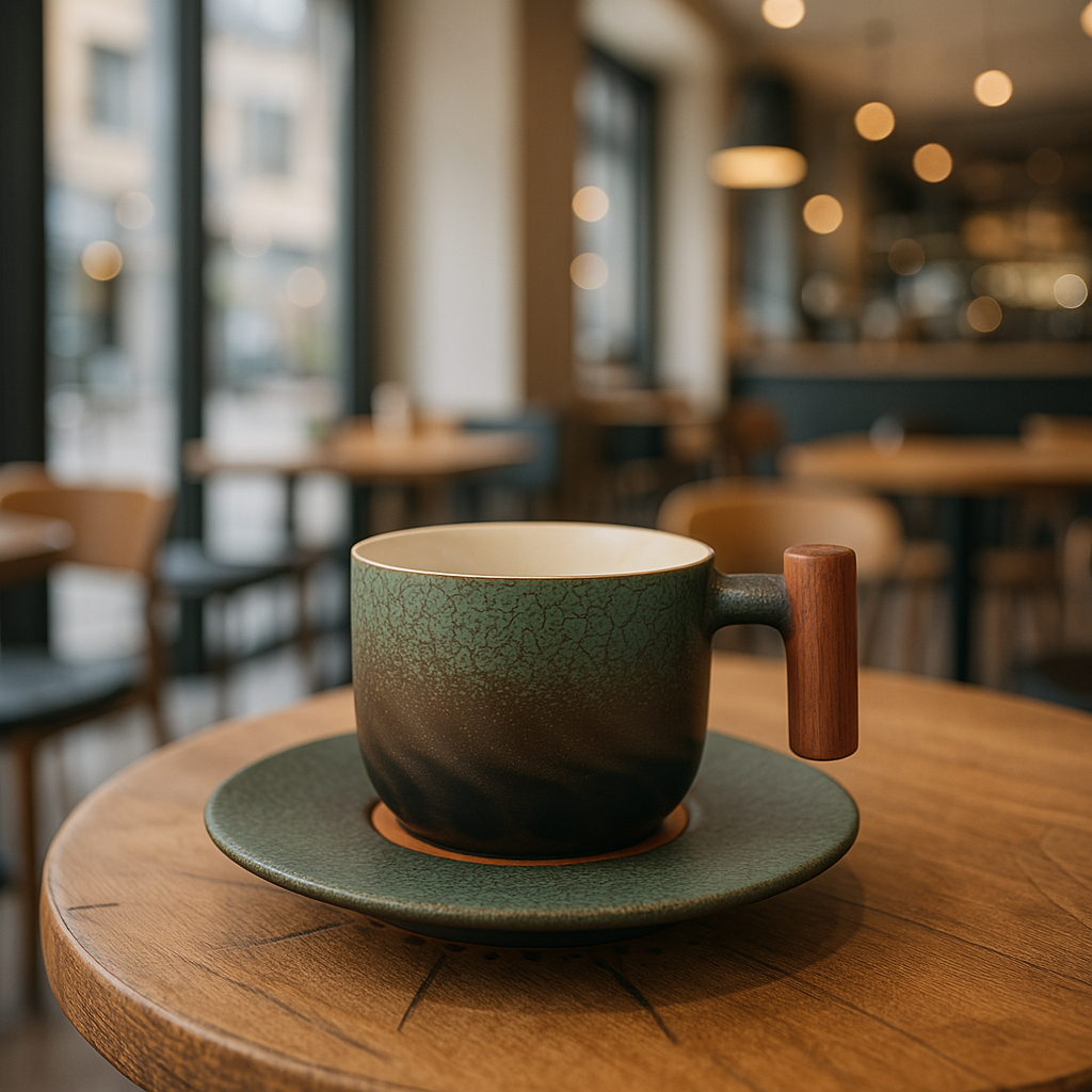 Green ceramic cup with wooden handle on a saucer in a blurred cafe setting
