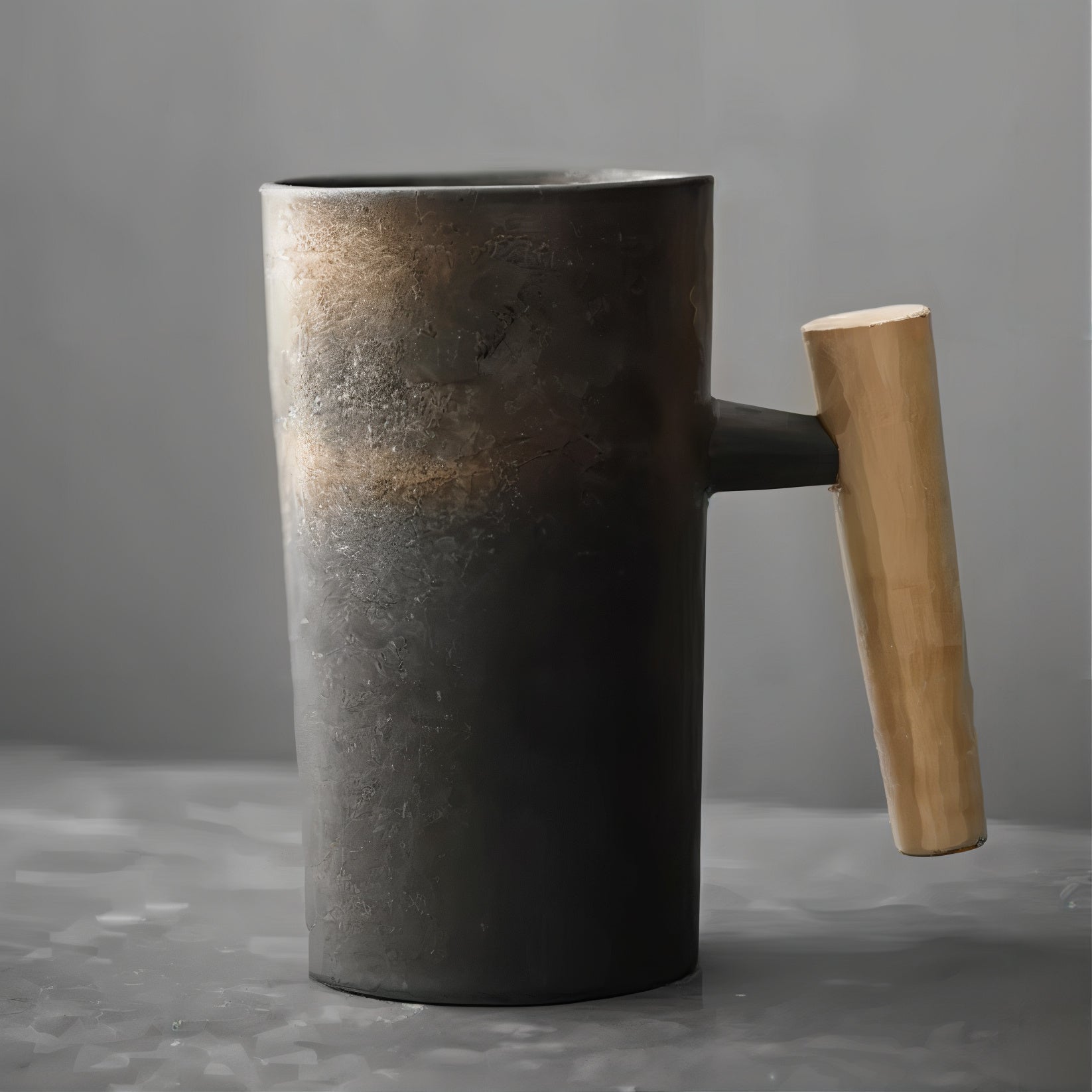 Dark gray pitcher with a wooden handle on a gray background