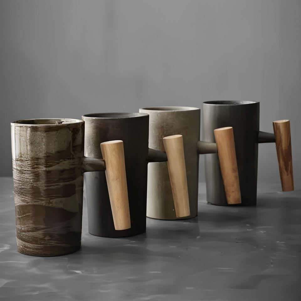 Set of modern vases with wooden handles on a gray background
