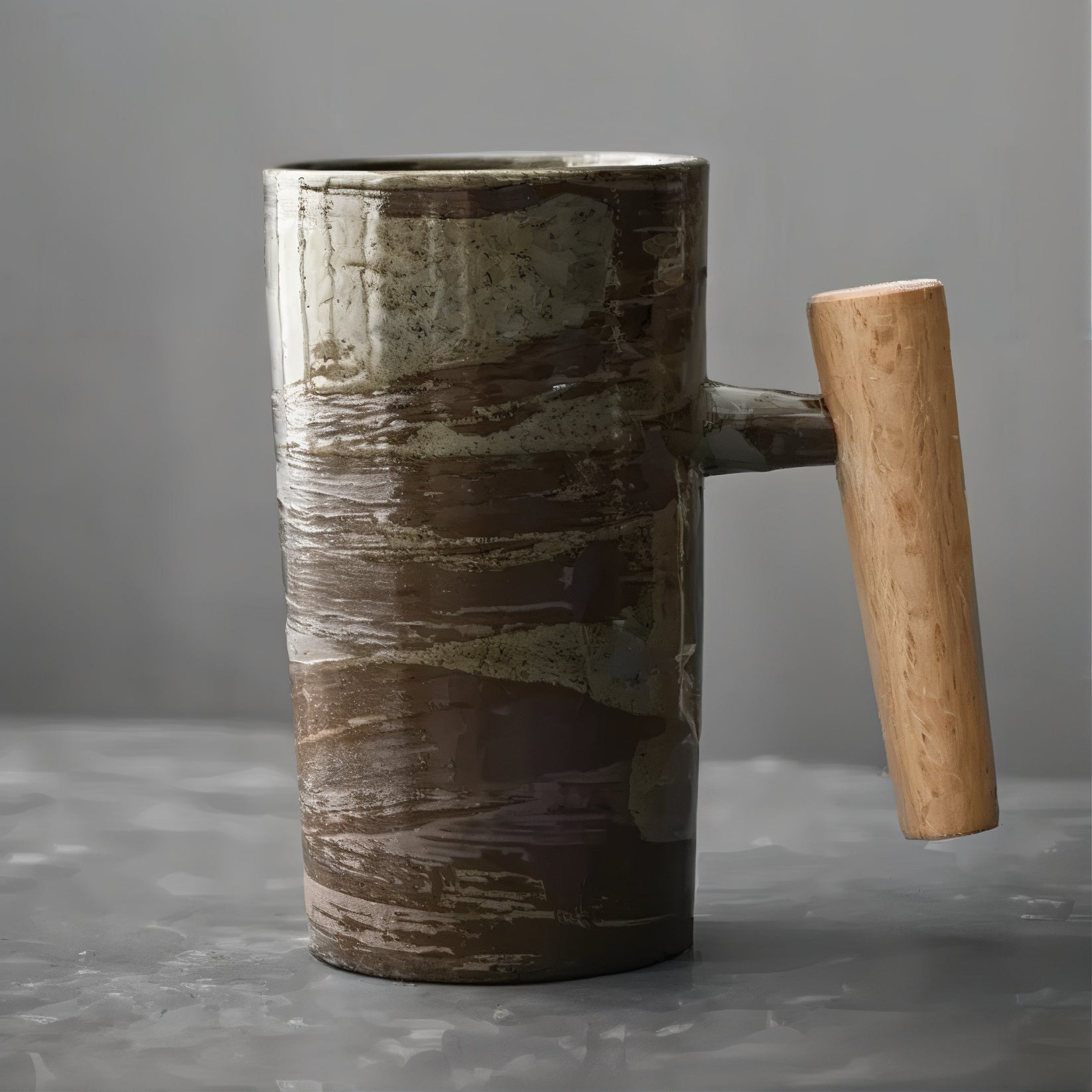 Ceramic mug with wooden handle on a gray surface