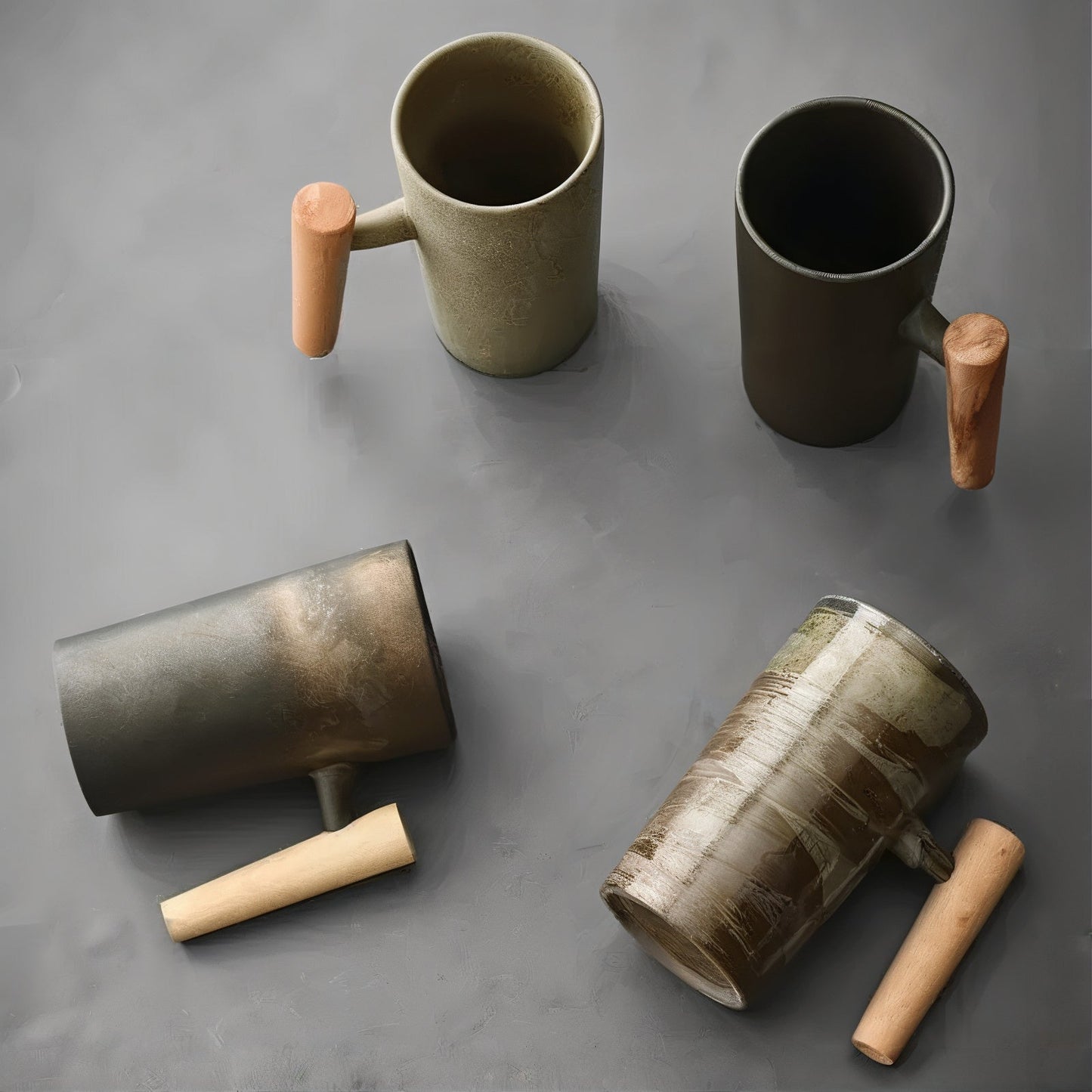 Four ceramic mugs with wooden handles on a gray surface