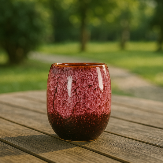 Red ceramic cup on a wooden table with a blurred green outdoor background