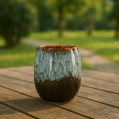 Ceramic cup with a gradient finish on a wooden table outdoors