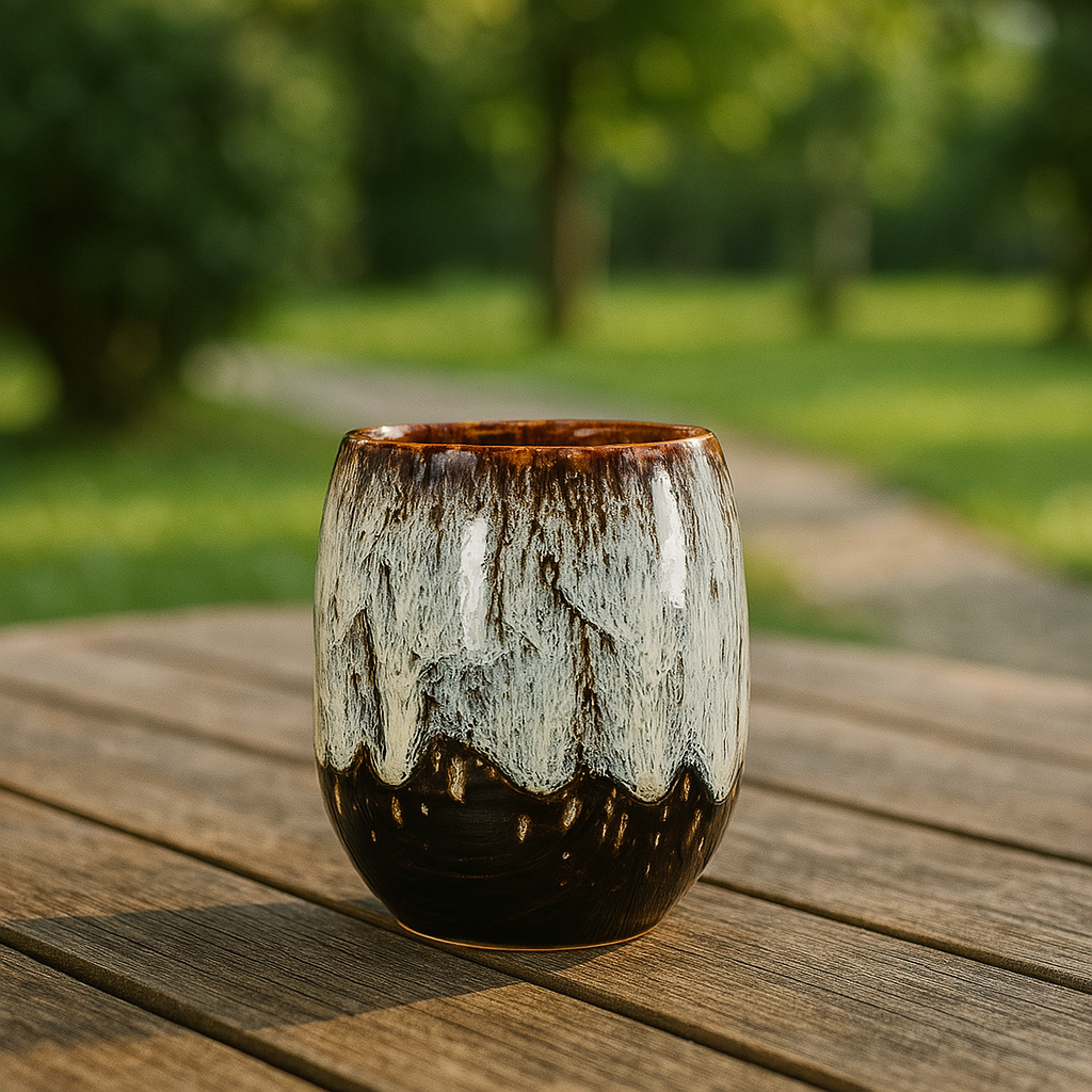 Ceramic vase with a unique glaze pattern on a wooden surface with a blurred natural background