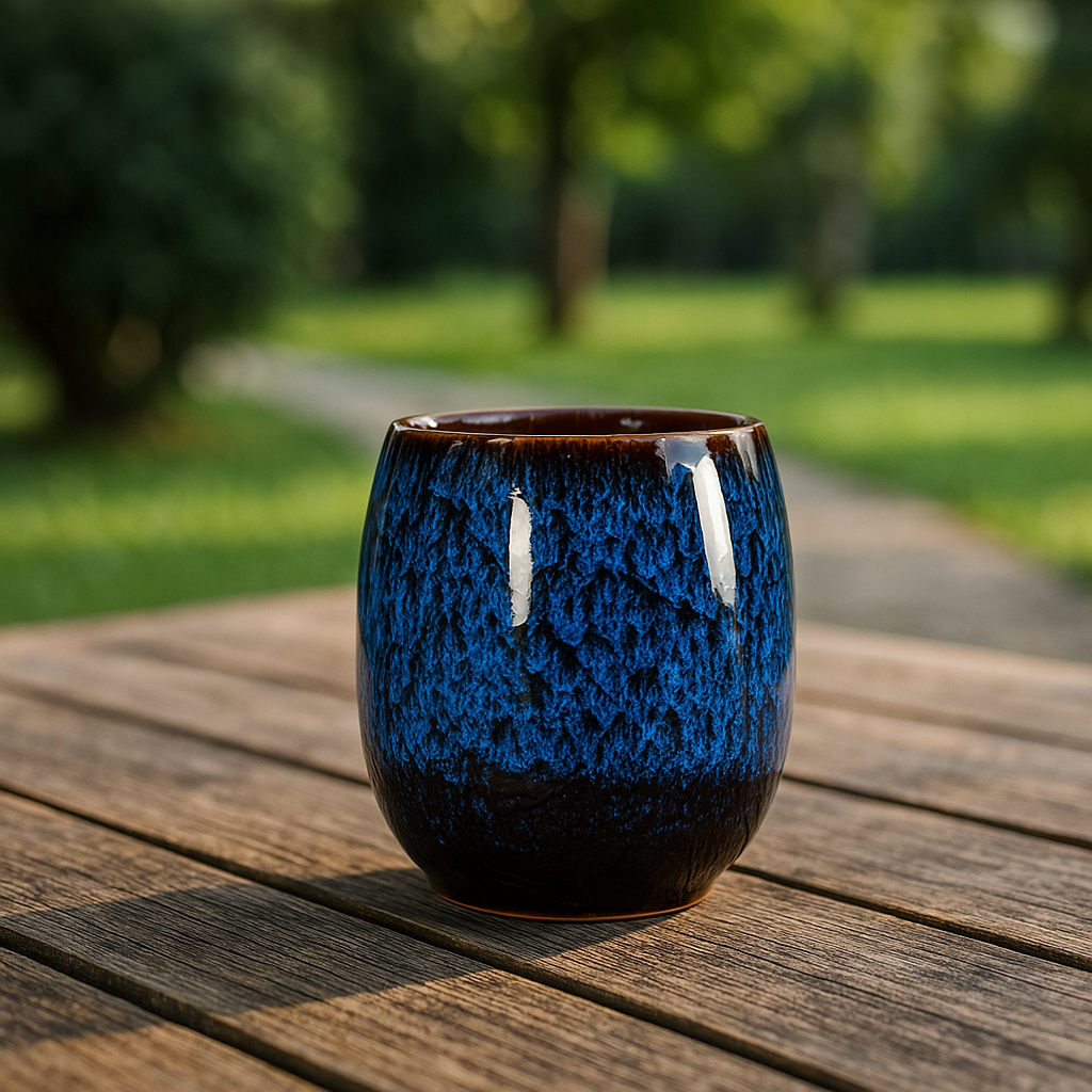 Ceramic cup with blue and brown glaze on a wooden table outdoors