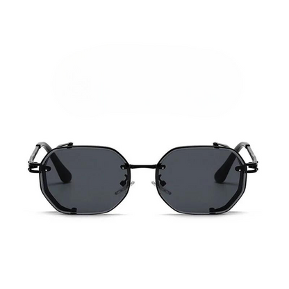 Black sunglasses with metallic accents on a white background