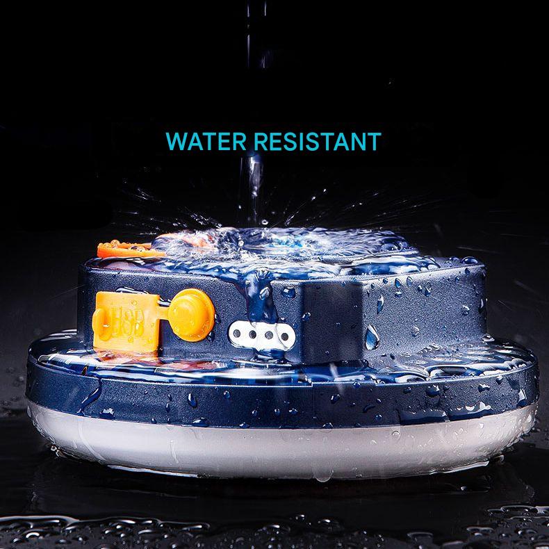 Water-resistant device with water droplets and 'WATER RESISTANT' text on a dark background