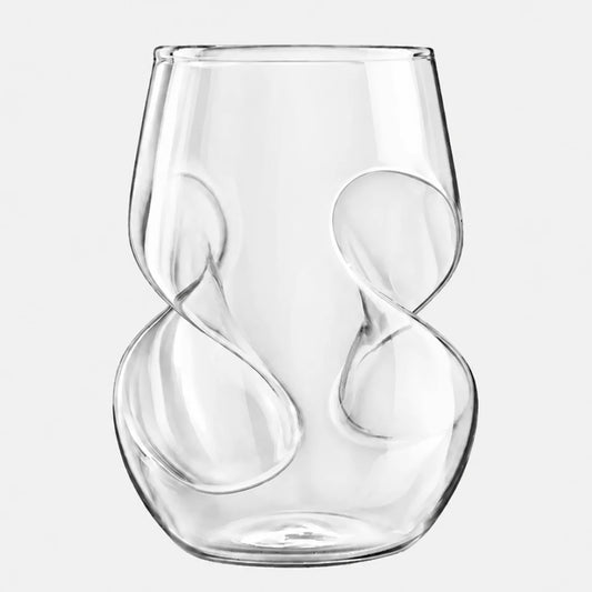 Josh & Tate - VortexPour™ Spiral Wine Glass - A clear glass stemless wine glass with an abstract, sculptural double-loop design on the front, set against a solid light gray background.