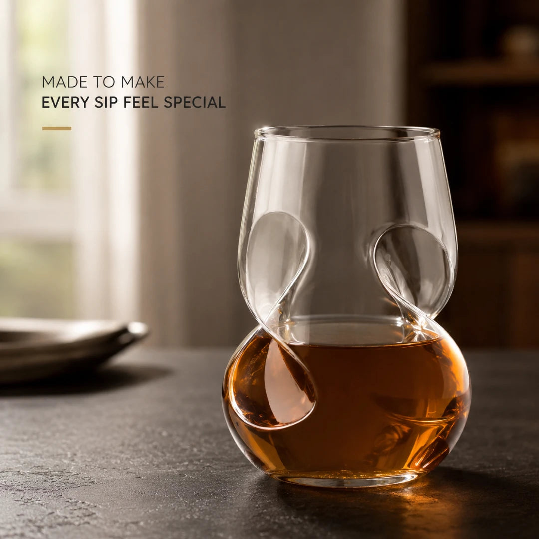 Josh & Tate - VortexPour™ Spiral Wine Glass - A clear glass decanter with a rounded base and two looped handle-like cutouts, shown filled with amber liquid on a dark tabletop. The background is softly blurred, with warm indoor lighting and text in the upper left reading 'MADE TO MAKE EVERY SIP FEEL SPECIAL'.