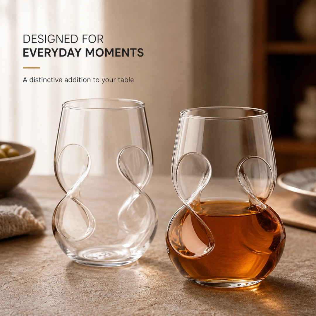 Josh & Tate - VortexPour™ Spiral Wine Glass - Two clear glass stemware glasses with a twisted, bulbous design are shown on a tabletop. One glass is empty, and the other is filled with amber-colored liquid.
