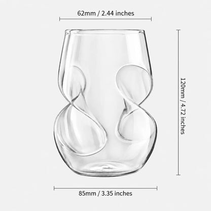 Josh & Tate - VortexPour™ Spiral Wine Glass - Clear stemless glass with an abstract twisted loop design, shown with dimension lines and labels indicating 62 mm width, 120 mm height, and 85 mm base on a light gray background.