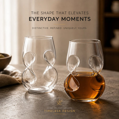 Josh & Tate - VortexPour™ Spiral Wine Glass - Two clear twist-shaped stemless wine glasses on a tabletop, with one empty and one partially filled with amber liquid. Text at the top reads 'THE SHAPE THAT ELEVATES EVERYDAY MOMENTS' and 'TIMELESS DESIGN' appears at the bottom.