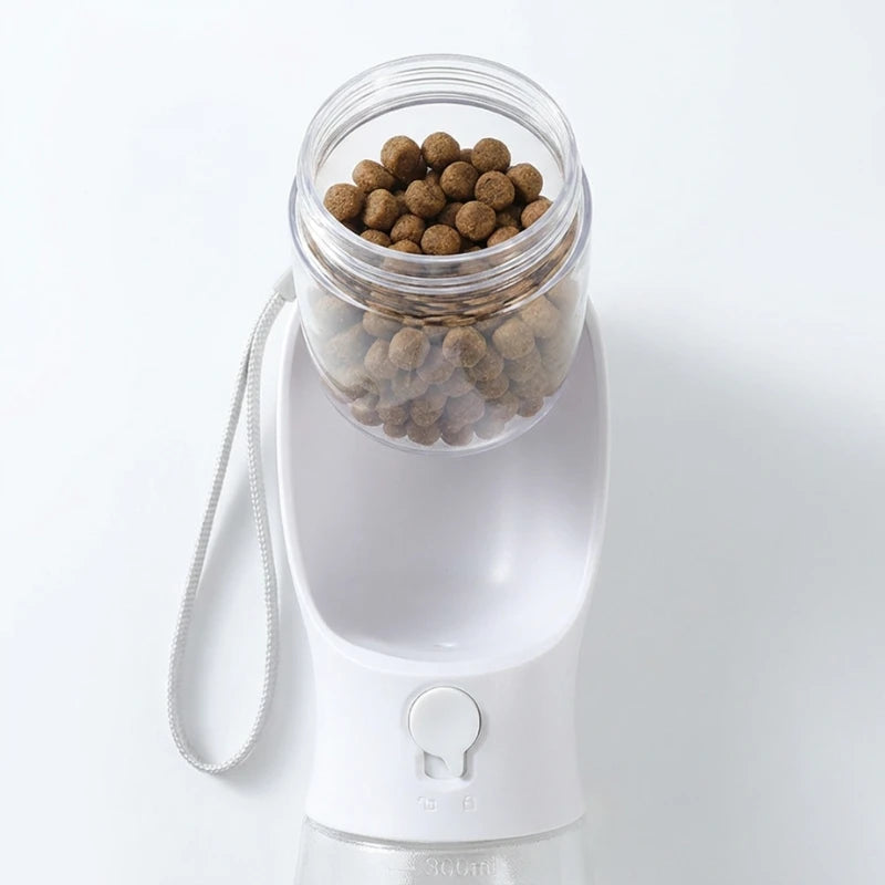 Josh & Tate - WalkPod™ 3-in-1 Dog Travel Bottle - Pet water bottle with a transparent container holding pet food on a white background