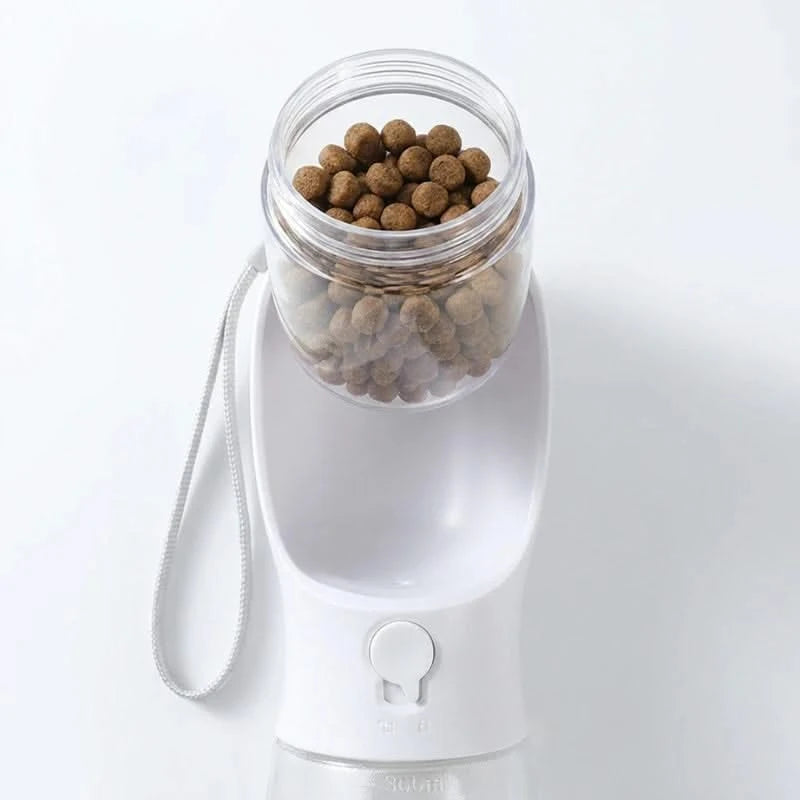 Josh & Tate - WalkPod™ 3-in-1 Dog Travel Bottle - Pet water bottle with a transparent container holding pet food on a white background
