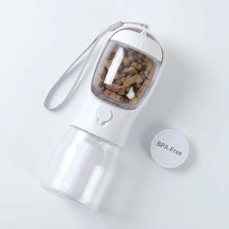 Josh & Tate - WalkPod™ 3-in-1 Dog Travel Bottle - Portable pet water bottle with a clear container and white lid on a light gray background.