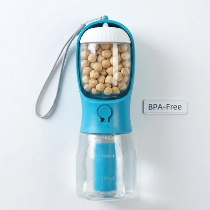 Josh & Tate - WalkPod™ 3-in-1 Dog Travel Bottle - Blue portable pet feeder with transparent container on a white background
