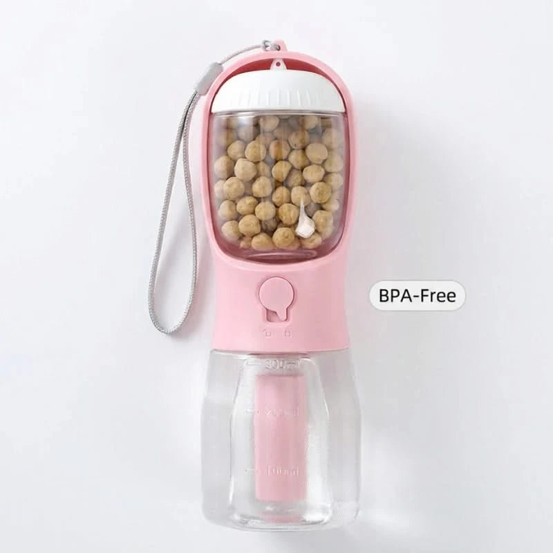 Josh & Tate - WalkPod™ 3-in-1 Dog Travel Bottle - Pink pet water bottle with transparent section showing food on a white background