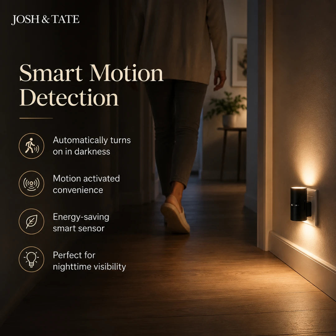 Josh & Tate - WallBeam™ Plug-In Directional Sconce - Person walking into a dimly lit room with a light switch activated by smart motion detection.