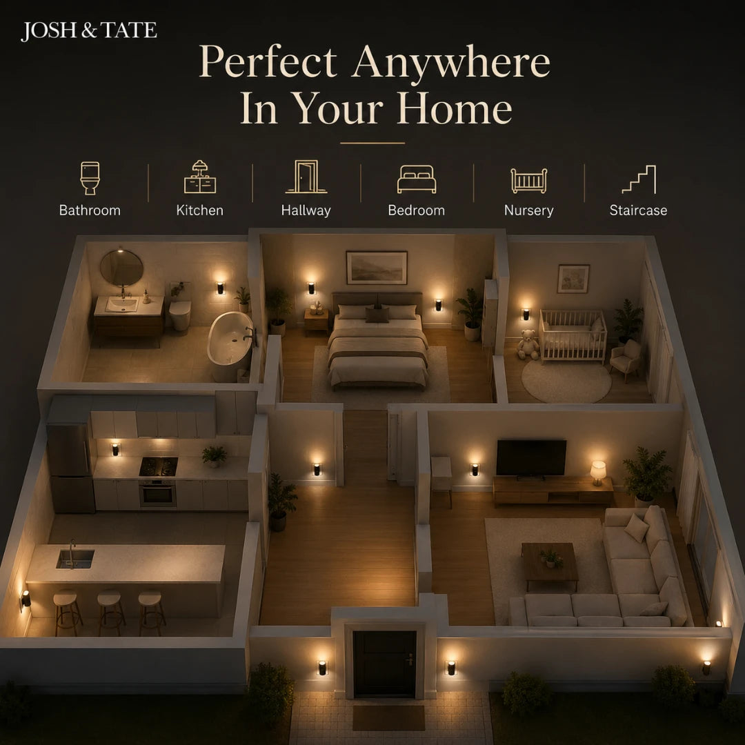 Josh & Tate - WallBeam™ Plug-In Directional Sconce - 3D floor plan of a modern home layout with rooms labeled.