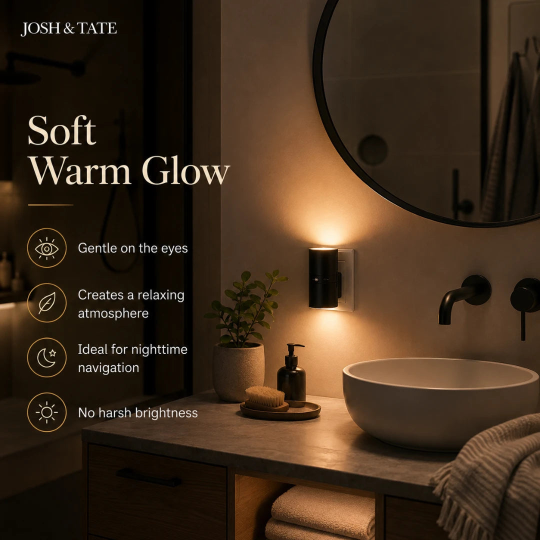Josh & Tate - WallBeam™ Plug-In Directional Sconce - Bathroom scene with a soft warm glow light fixture, sink, and mirror.