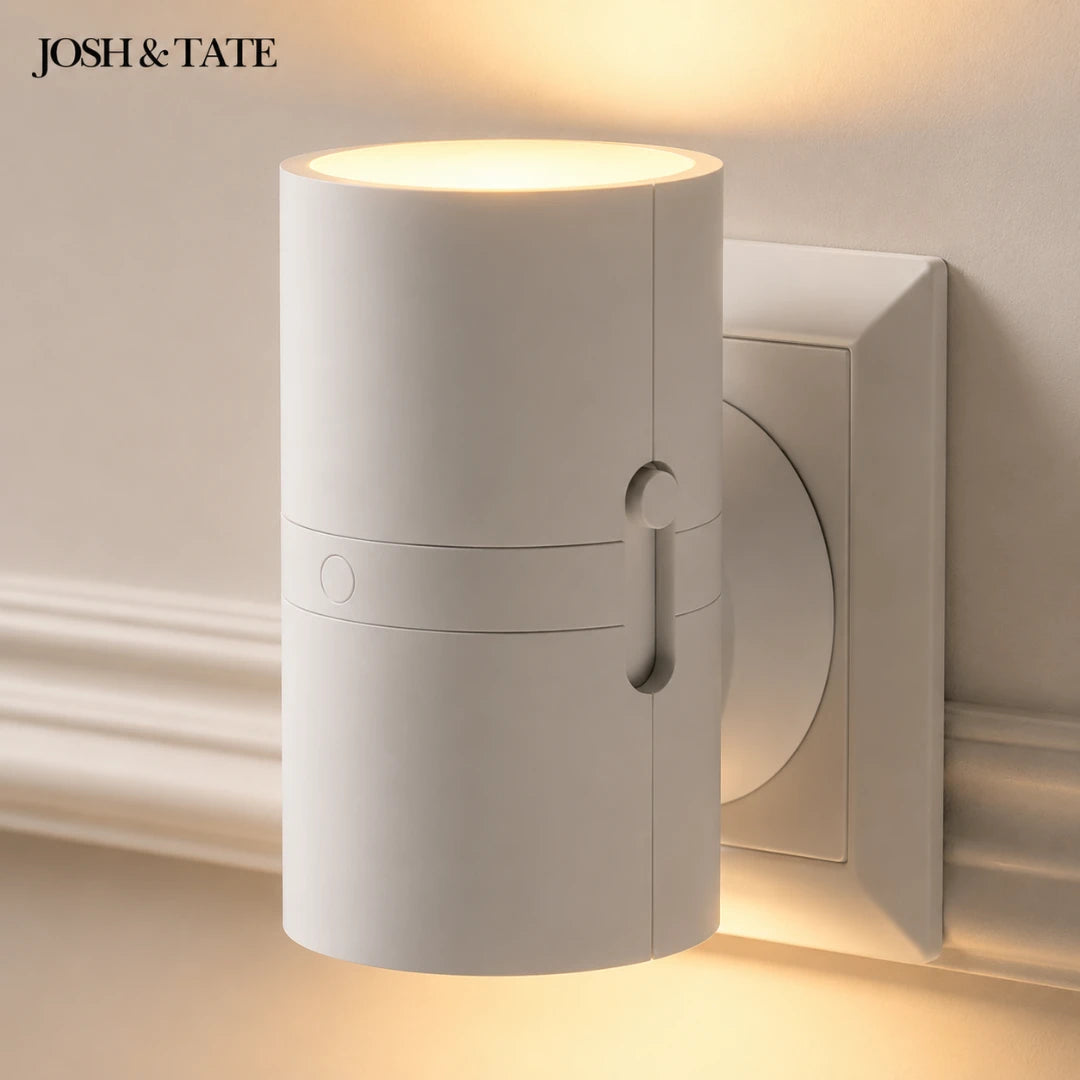 Josgh & Tate -  WallBeam™ Plug-In Directional Sconce - White cylindrical wall light fixture on a neutral background with 'JOSH & TATE' branding.