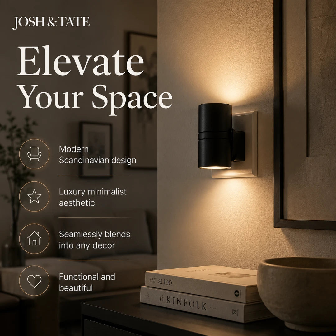 Josh & Tate - WallBeam™ Plug-In Directional Sconce - Wall-mounted light fixture with 'Josh & Tate' branding and text about interior design.