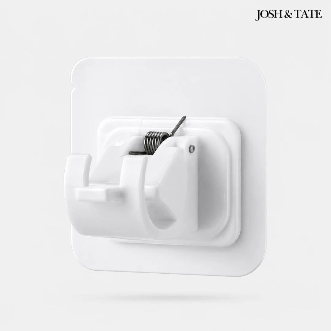 Josh & Tate - WallGrip™ Adhesive Rod Clip - White wall hook with coiled spring on a light gray background, featuring the brand 'Josh & Tate'.
