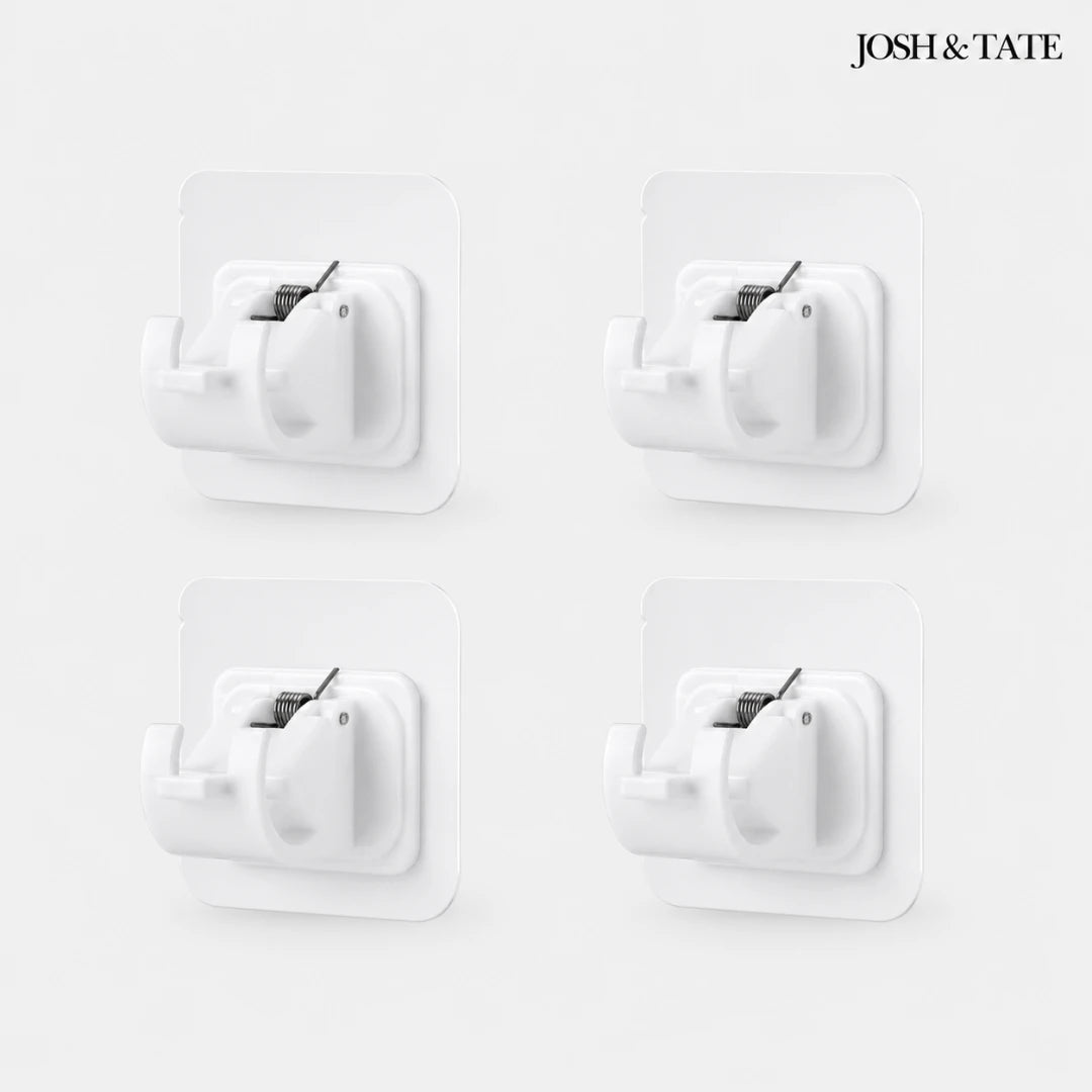 Josh & Tate - WallGrip™ Adhesive Rod Clip - Four white wall hooks on a light gray background with 'Josh & Tate' branding.