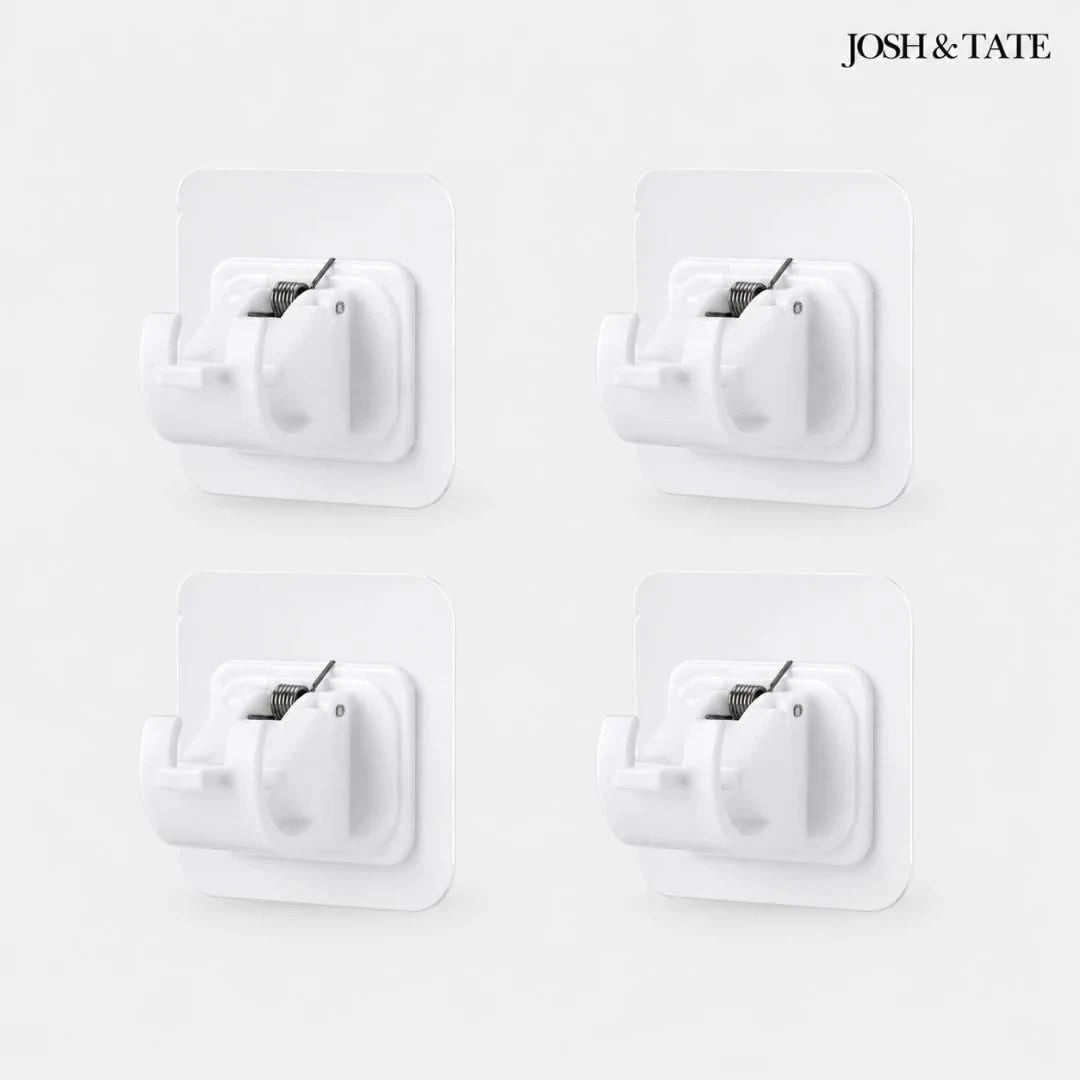 Josh & Tate - WallGrip™ Adhesive Rod Clip - Four white wall hooks on a light gray background with 'Josh & Tate' branding.