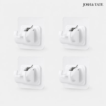 Josh & Tate - WallGrip™ Adhesive Rod Clip - Four white wall hooks on a light gray background with 'Josh & Tate' branding.