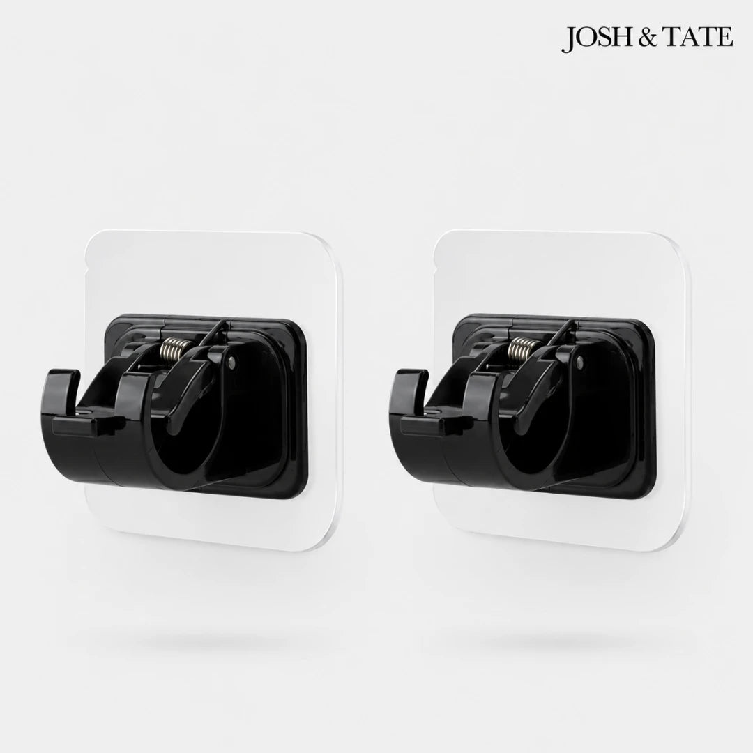 Josh & Tate - WallGrip™ Adhesive Rod Clip - Two black wall hooks on a white background with 'JOSH & TATE' branding.