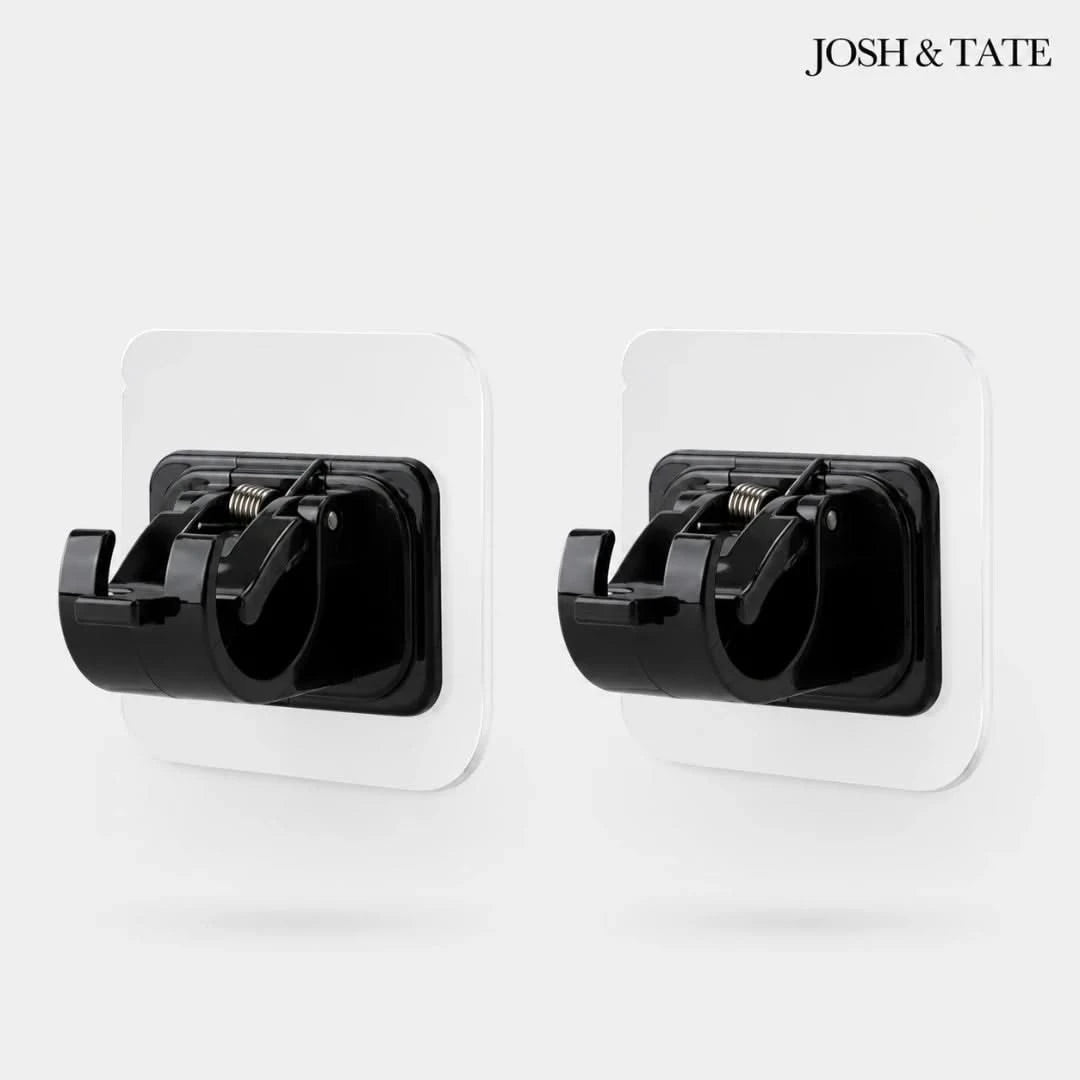 Josh & Tate - WallGrip™ Adhesive Rod Clip - Two black wall hooks on a white background with 'JOSH & TATE' branding.