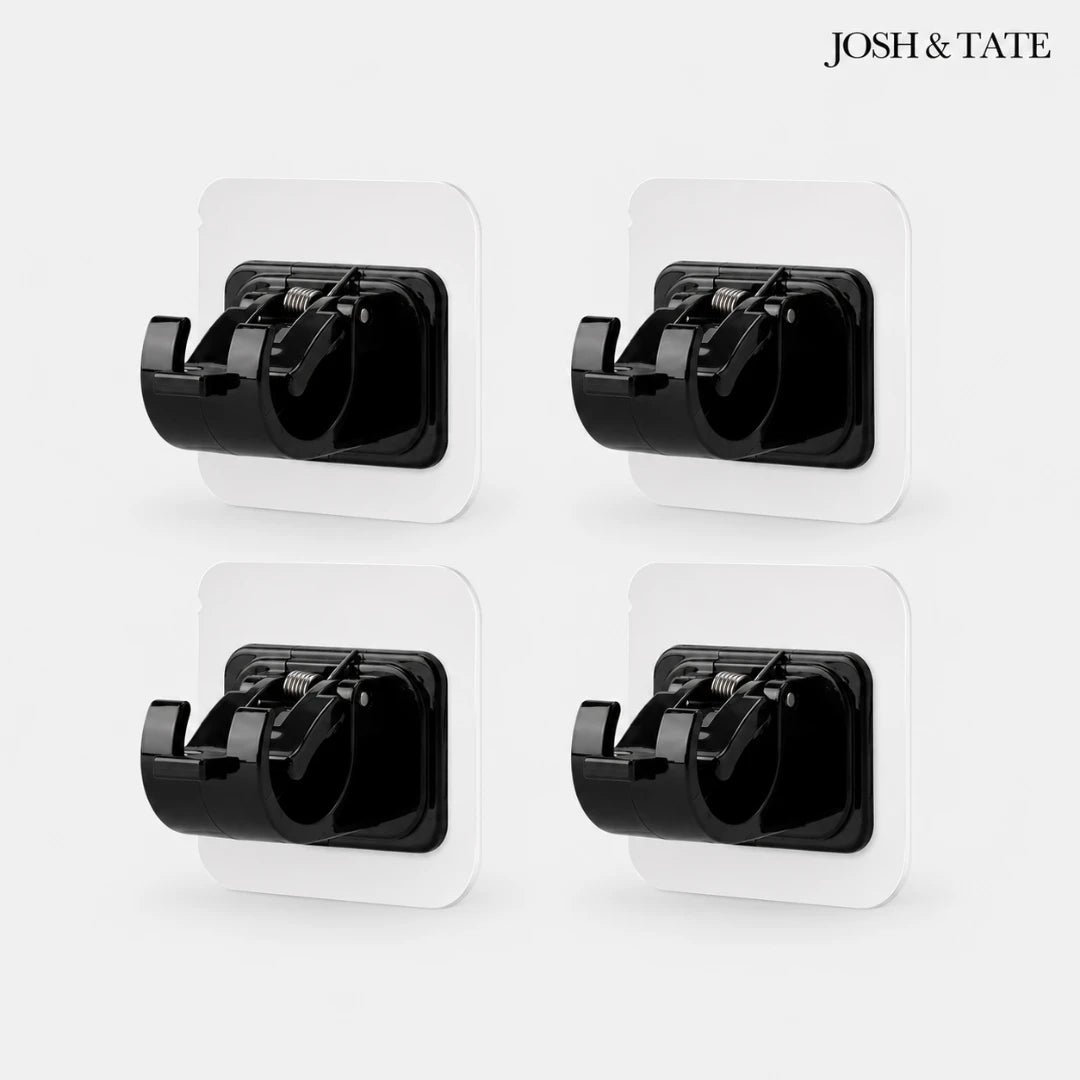 Josh & Tate - WallGrip™ Adhesive Rod Clip - Four black wall hooks on a white background with 'Josh & Tate' branding.