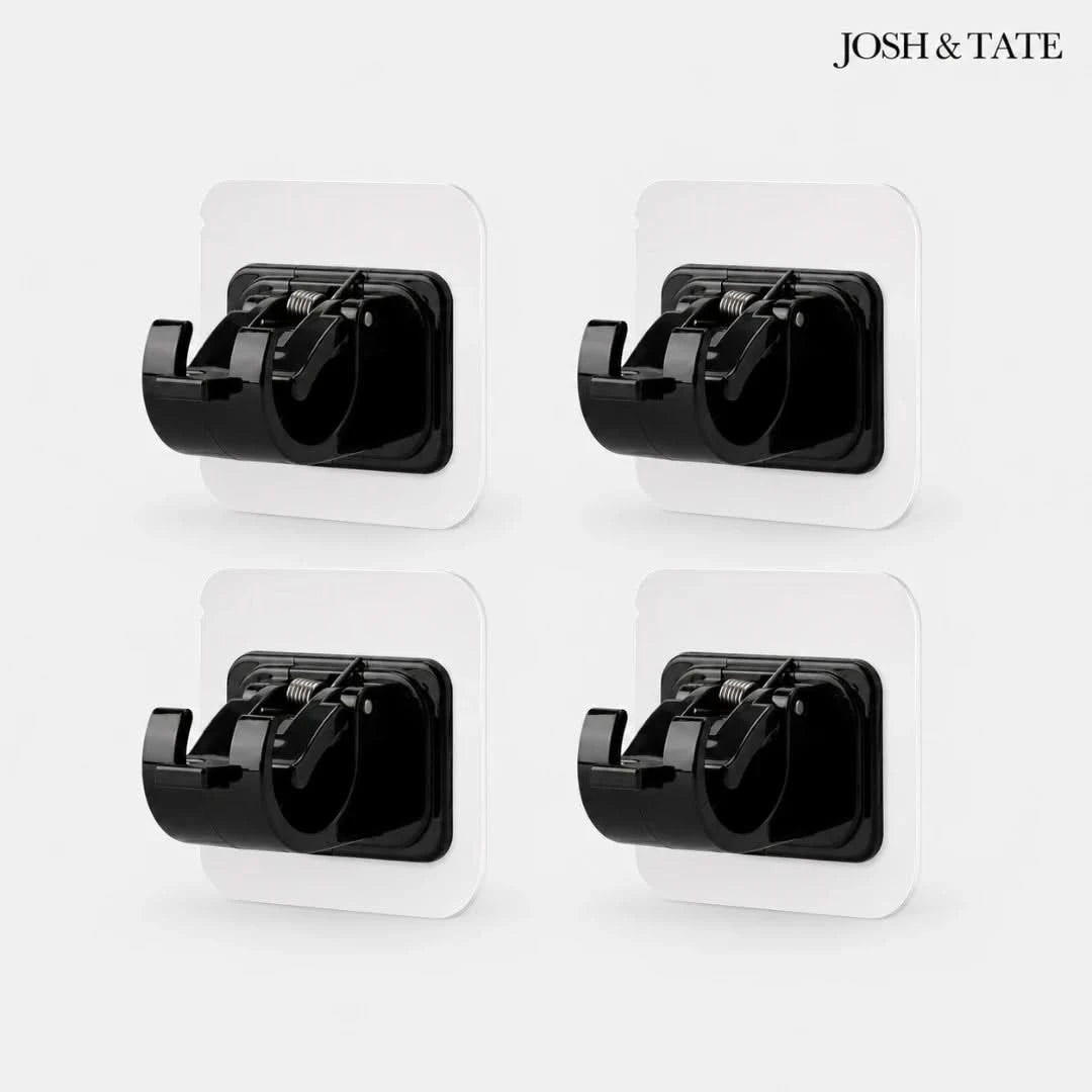 Josh & Tate - WallGrip™ Adhesive Rod Clip - Four black wall hooks on a white background with 'Josh & Tate' branding.