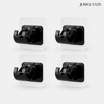 Josh & Tate - WallGrip™ Adhesive Rod Clip - Four black wall hooks on a white background with 'Josh & Tate' branding.