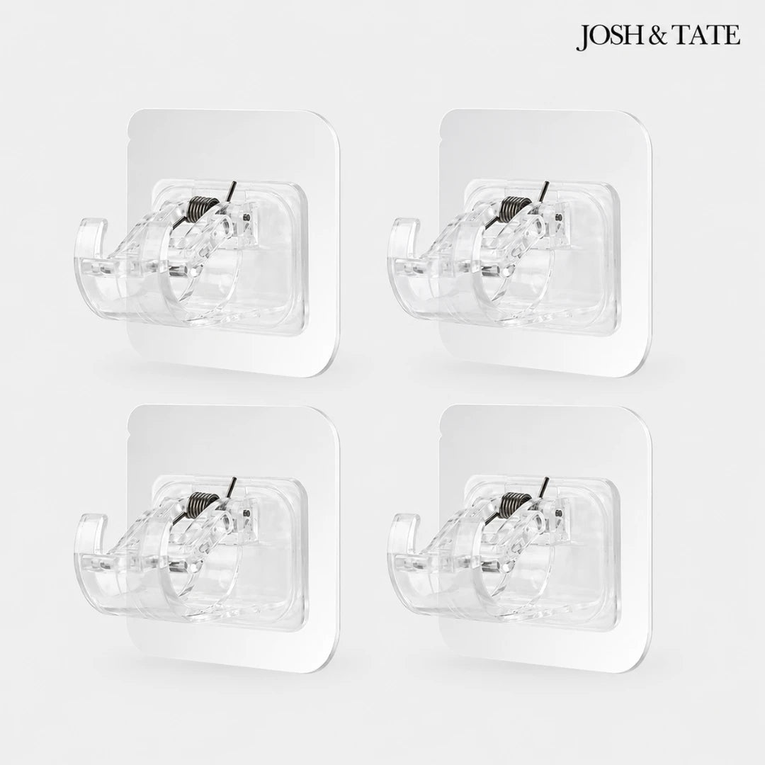 Josh & Tate - WallGrip™ Adhesive Rod Clip - Four clear wall hooks with black attachments on a white background, branded 'Josh & Tate'.