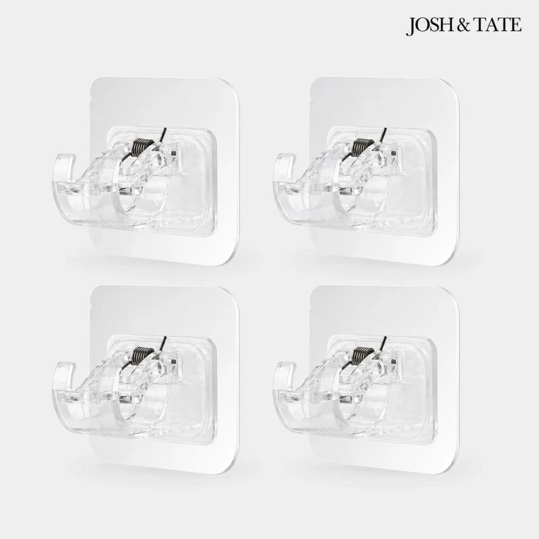 Josh & Tate - WallGrip™ Adhesive Rod Clip - Four clear wall hooks with black attachments on a white background, branded 'Josh & Tate'.