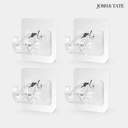 Josh & Tate - WallGrip™ Adhesive Rod Clip - Four clear wall hooks with black attachments on a white background, branded 'Josh & Tate'.