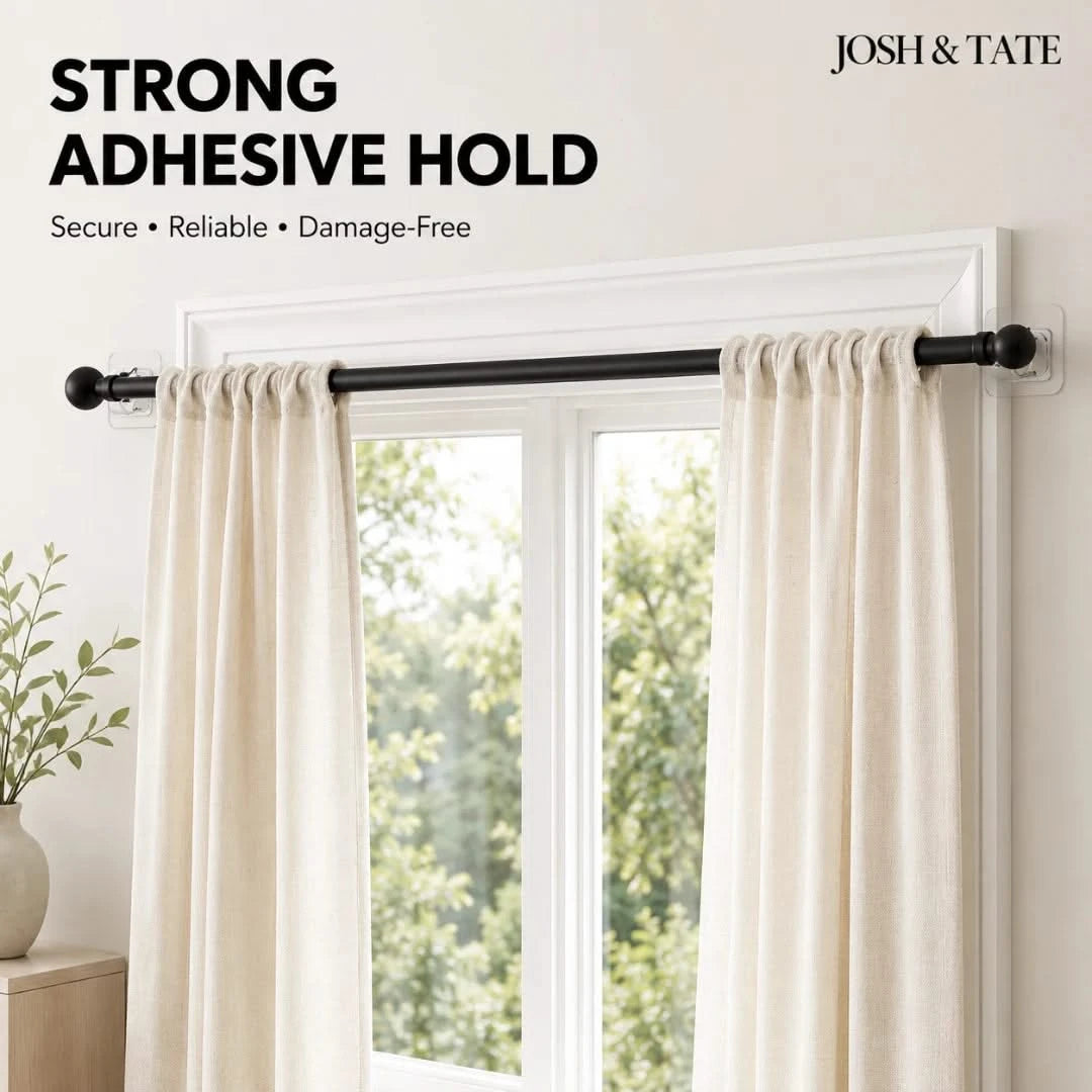 Josh & Tate - WallGrip™ Adhesive Rod Clip - Curtain rod with beige curtains on a window, featuring Josh & Tate branding.